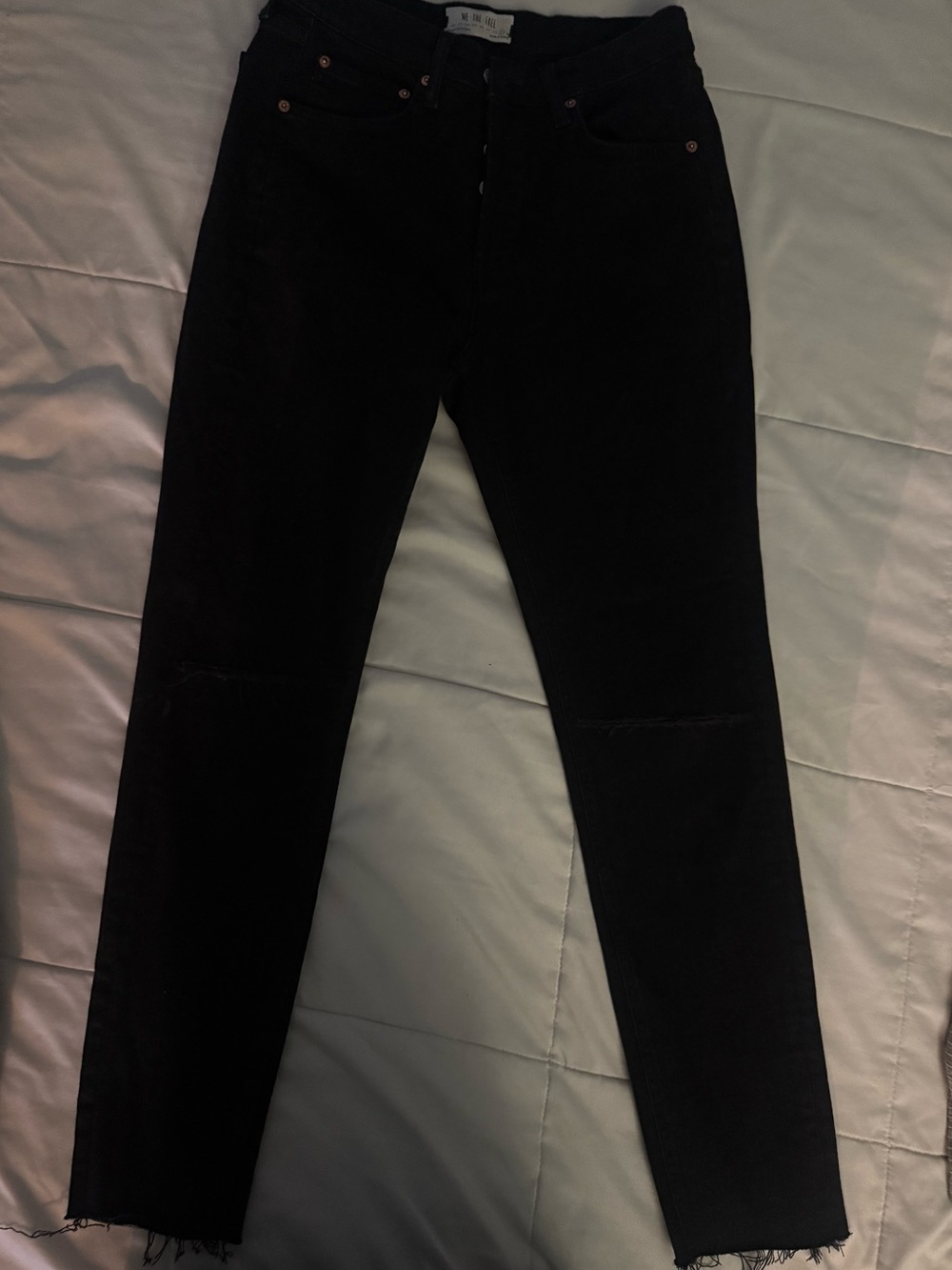 Free People-We The Free Black High-Rise Straight Jeans with Raw Hem